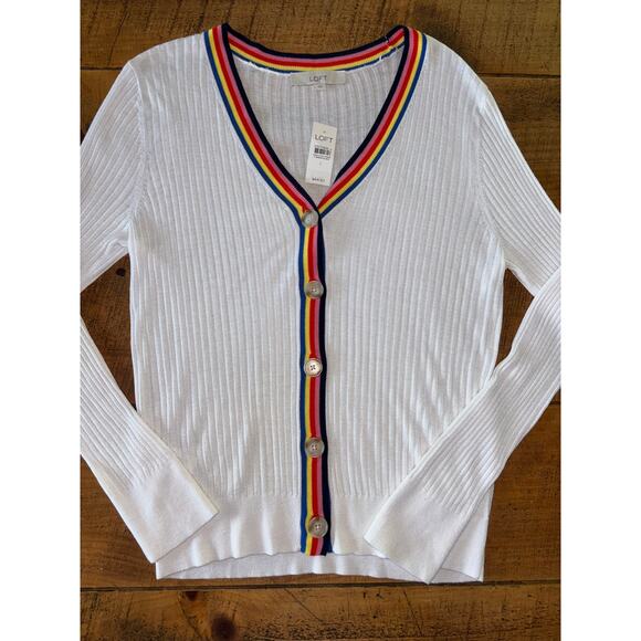 NWT Womens Loft Rainbow White Ribbed Cardigan Sweater Lightweight Pride Large - Picture 1 of 7
